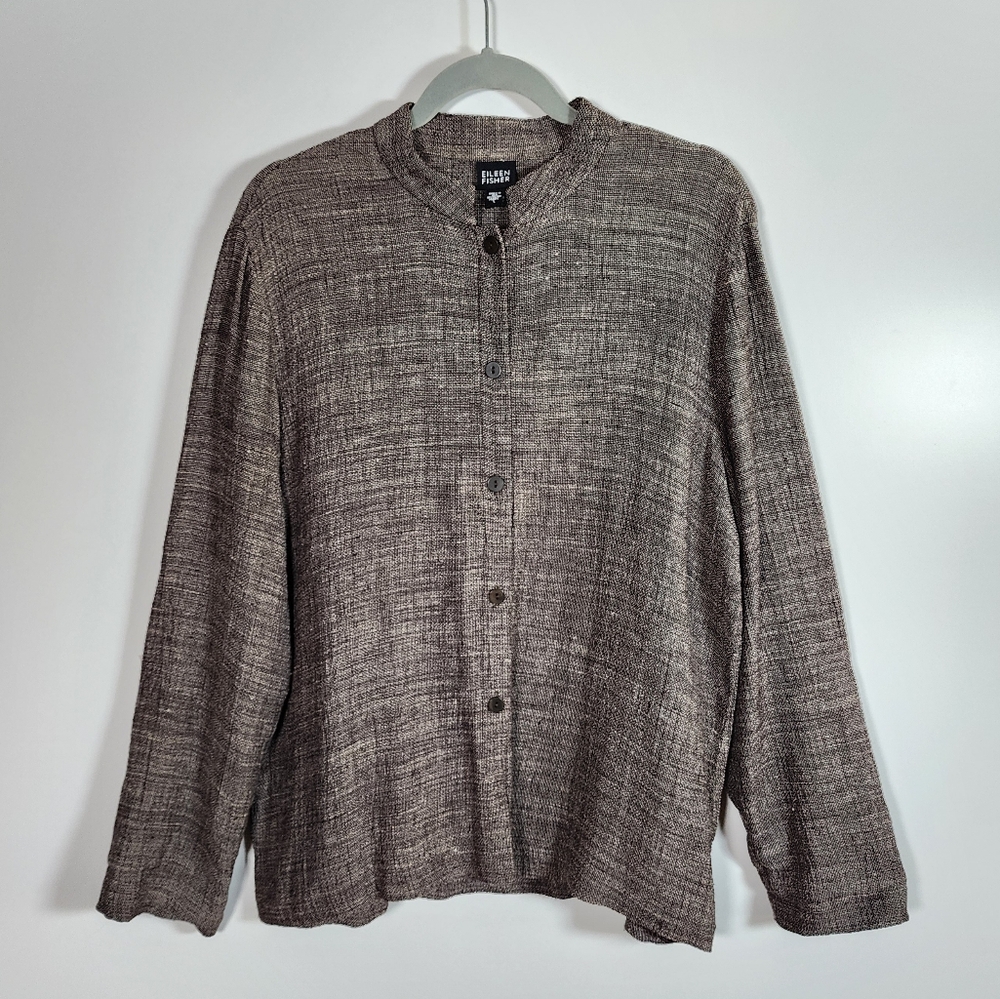 Vintage Eileen Fisher Black White Italian Linen Blend Lagenlook Blouse Large